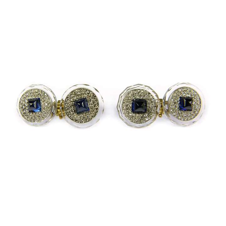 Pair of Art Deco sapphire and rock crystal round panel cufflinks